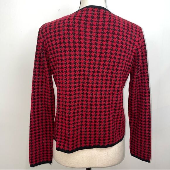 VINTAGE Dorby Woolen Houndstooth Black and Red Cardigan Sweater LIKE NEW! - Picture 3 of 6